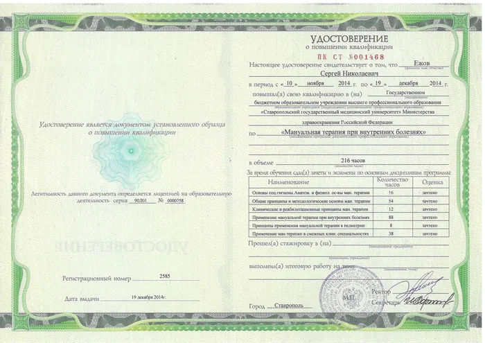 Удостоверение о повышении квалификации, 2014